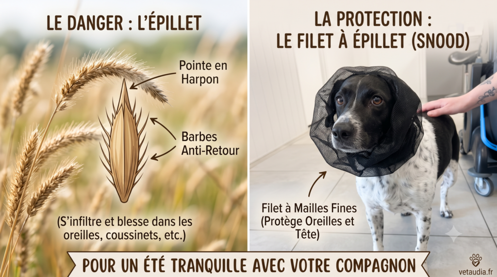 Une infographie détaillée comparant le danger des épillets (graines de graminées séchées) et la solution de protection pour les chiens. Sur la gauche, des épillets d'orge sont illustrés et annotés pour montrer leurs pointes en harpon et leurs barbes anti-retour, expliquant comment ils s'infiltrent dans les oreilles et les coussinets, provoquant des blessures. Sur la droite, une photo d'un chien (épagneul noir et blanc) portant un filet à mailles fines noir (snood) pour protéger sa tête et ses oreilles. Le texte inférieur dit 'POUR UN ÉTÉ TRANQUILLE AVEC VOTRE COMPAGNON' avec le logo vetaudia.fr.