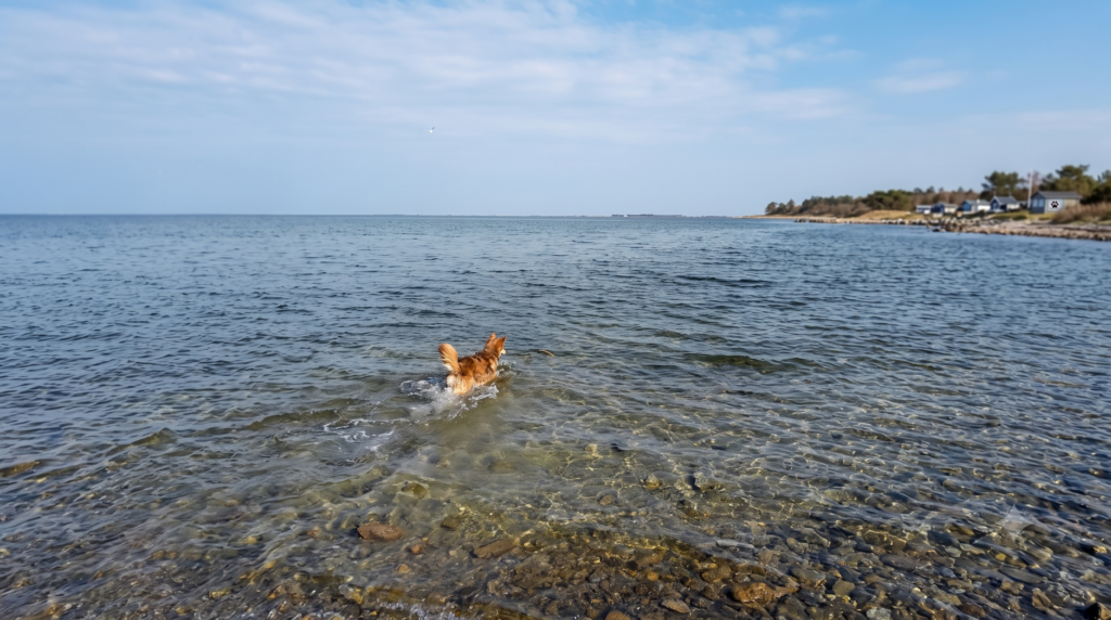 Un chien roux marchant dans l'eau claire de la mer. Illustration des conseils de la clinique vétérinaire Vetaudia sur les dangers de la baignade et de la plage pour les chiens.